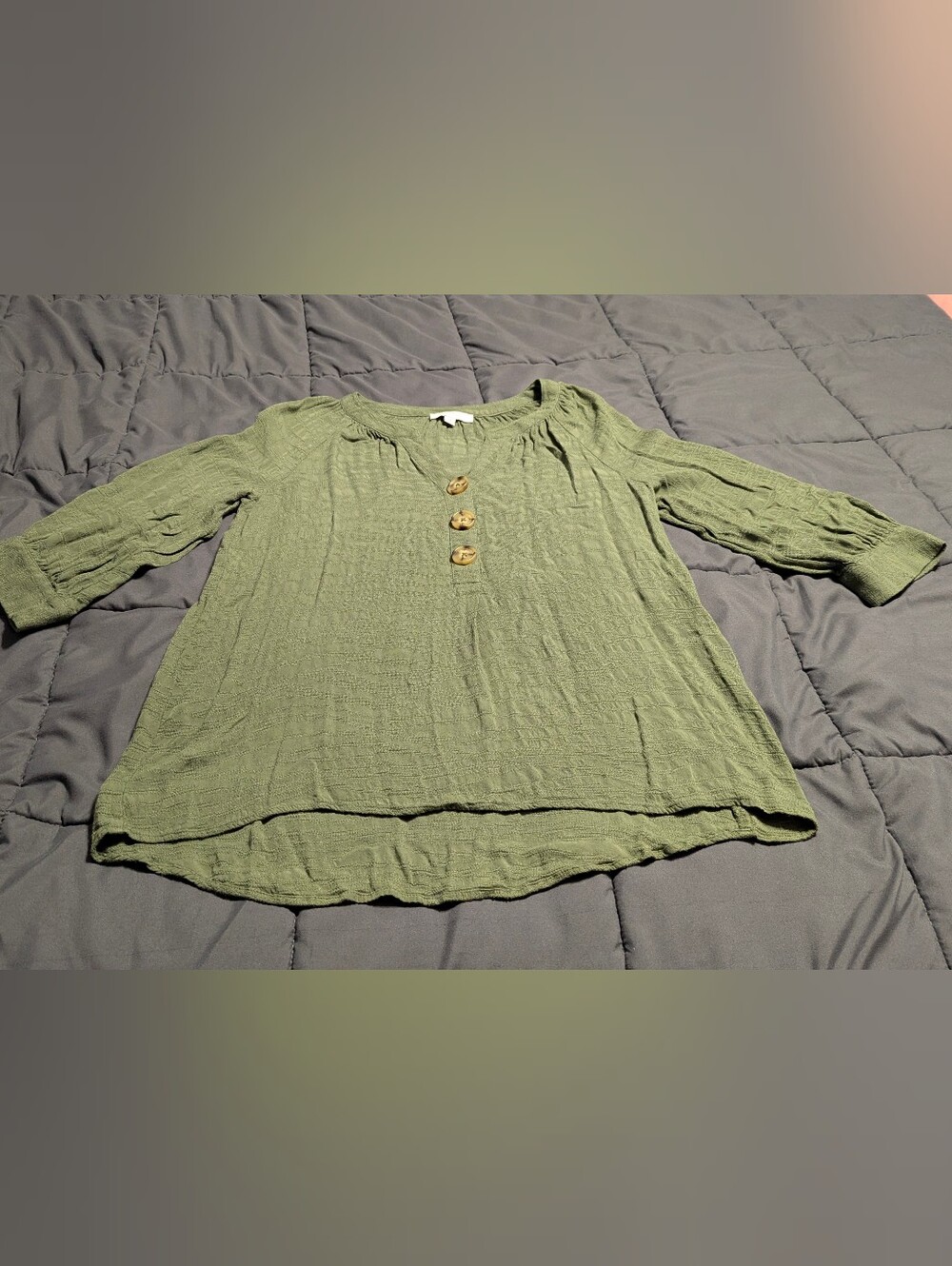 New directions Olive Green Scoop Neck Tunic with Wood Look Buttons